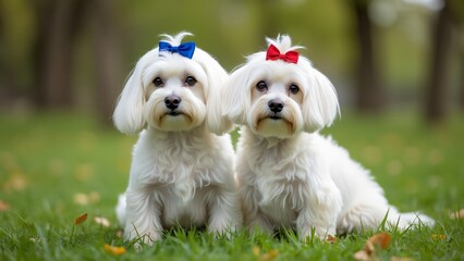 Adorable Maltese Dogs in Park, Two Fluffy White Puppies with Blue and Red Bows Sitting in Green Grass, Professional Photography