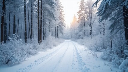 Obraz premium Serene Winter Wonderland, Snow-Covered Forest Path to Horizon