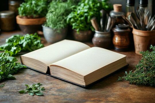 Open cookbook on a rustic wooden table surrounded by fresh herbs.  A perfect scene for culinary inspiration.