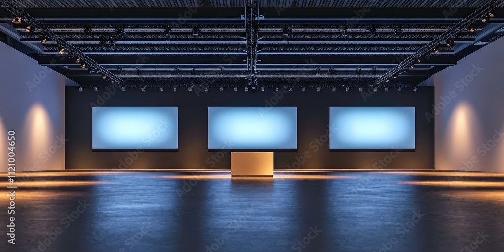 Poster empty exhibition hall with open ceiling and soft lighting, ideal for art display and creative projec