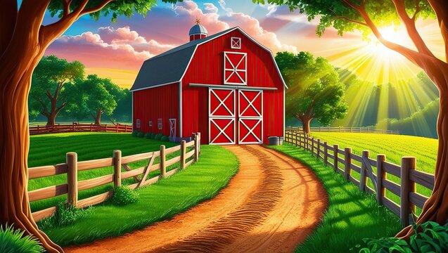 Farm cartoon style illustration background with barn and green nature