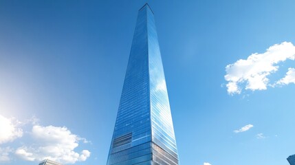 Tall skyscraper against a bright blue sky.