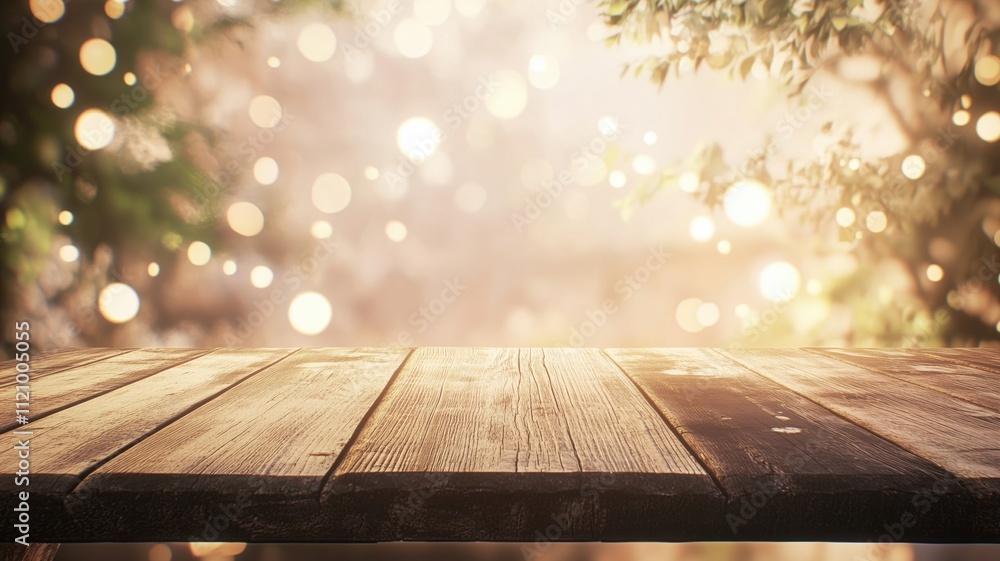 Aufkleber blurred bokeh lights at sunset on an empty wooden table create a festive and background magical atmo