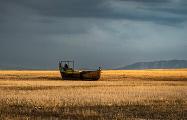 Obraz premium Abandoned Boat in a Golden Field Under a Stormy Sky