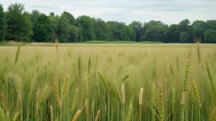 Serene Wheat Field with Lush Green Forest Background, Stunning Grain Field Landscape Photography