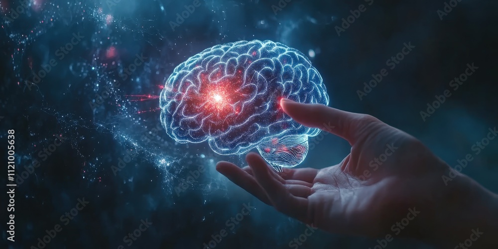 Poster human hand reaching out to a digital brain representing artificial intelligence and pompous technolo