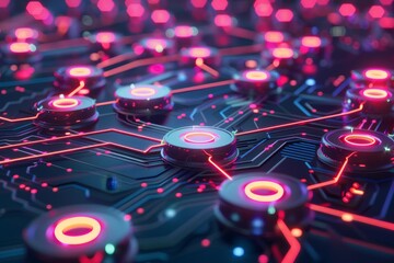 A close-up view of a circuit board featuring illuminated red lights, highlighting intricate electronic components. Glowing neon network nodes symbolising secure connections .
