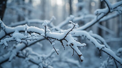 Enchanted Winter Forest, Close-Up of Snow-Covered Branches, Intricate Patterns and Textures, Tranquil Winter Scene