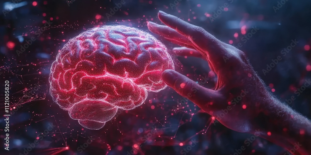 Poster a human hand approaching an artificial intelligence brain with futuristic glow and digital backgroun