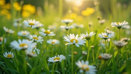 Stunning Spring Meadow, Macro Photography of White Daisies in Vibrant Green Grass, Illuminated by Natural Sunlight