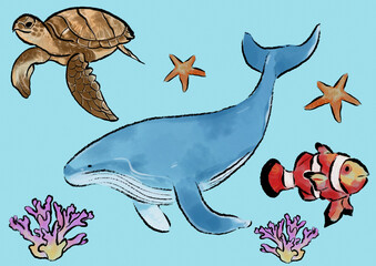Cute cartoon sea animals swimming underwater, including starfish, coral, whales, and turtle