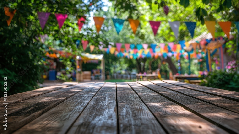 Poster empty wooden table displaying a blurred summer party background with colorful flags, perfect for pro
