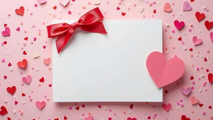 Cute Pink Valentine's Day Greeting Card Mockup, Blank White Card with Pink Heart, Red Bow, and Confetti