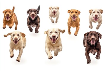 High-quality, energetic collection of happy Labrador retrievers isolated on a white backdrop. Generative Ai