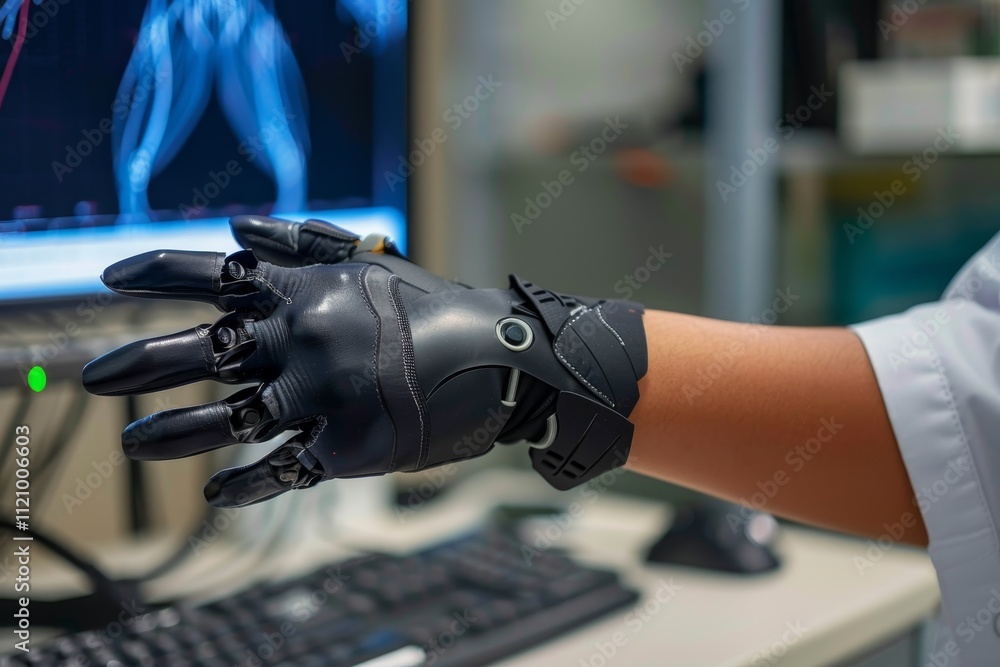 Poster a scientist in a laboratory examines a robotic hand, showcasing advanced technology and innovation i