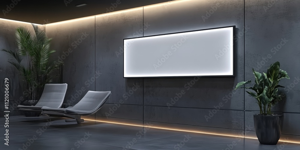 Poster modern digital display on wall with 3d rendering, minimalist design featuring sleek chairs and indoo