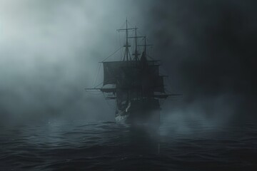 Fototapeta premium A ship sailing through the dark ocean waters under a starry night sky, illuminated by the moonlight. Haunted pirate ship sailing on a black foggy sea .