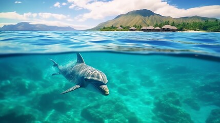 Dolphin swimming in crystal clear ocean near tropical island.