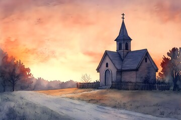 Fototapeta premium A small church with a steeple sits on a dirt road