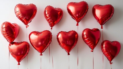 Eight Red Heart Foil Balloons on White Wall, Romantic Valentine's Day Background Stock Photo for Commercial Use