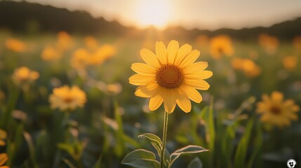 Fototapeta premium Vibrant Yellow Sunflower Blooming Under Warm Golden Sunlight in a Lush Green Field, Capturing the Essence of Nature's Beauty at Sunrise