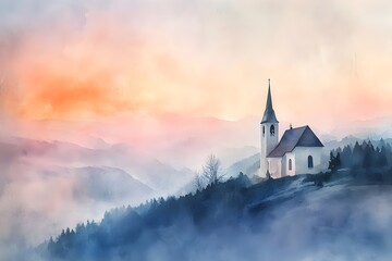 Fototapeta premium A church is on a hill with a foggy sky