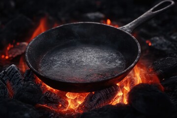 An iron skillet sitting directly on glowing coals, with the intense heat causing the pan to emit a faint glow