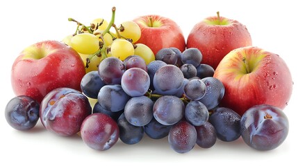 Fresh red apples, green and dark grapes, and plums.