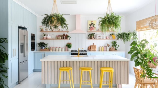 Bright kitchen with blue cabinets, island, and yellow stools.