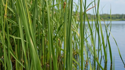 Obraz premium Vibrant Green Reeds by Calm Water, Close-Up Nature Photography of Tall Aquatic Plants