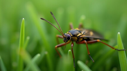 Naklejka premium Macro Aerial View of Insect on Grass Blades, Detailed Close-Up Photography of a Striking Yellow and Black Insect Resting on Lush Green Grass