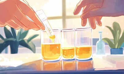 Two hands conducting an experiment with liquid in glasses.