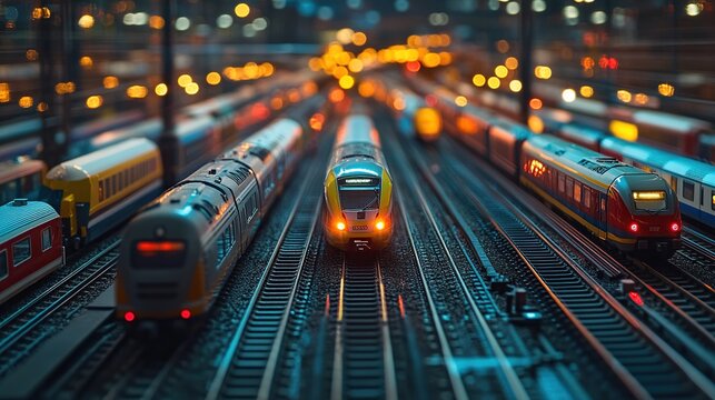 Miniature train set at night, showcasing multiple trains on parallel tracks with city lights in the background.