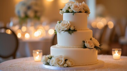 Elegant Three-Tier Wedding Cake Adorned with White Roses and Pearls