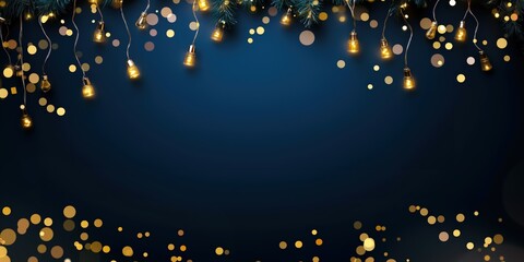 Elegant Christmas Background with Golden Bokeh Lights, String Bulbs, and Festive Pine Garland on a Dark Blue Backdrop – Perfect for Holiday Designs with Copy Space