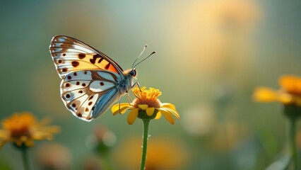 Fototapeta premium Stunning Spring Butterfly on Yellow Flower, Enchanting Macro Photography of Delicate Wings and Blooming Garden