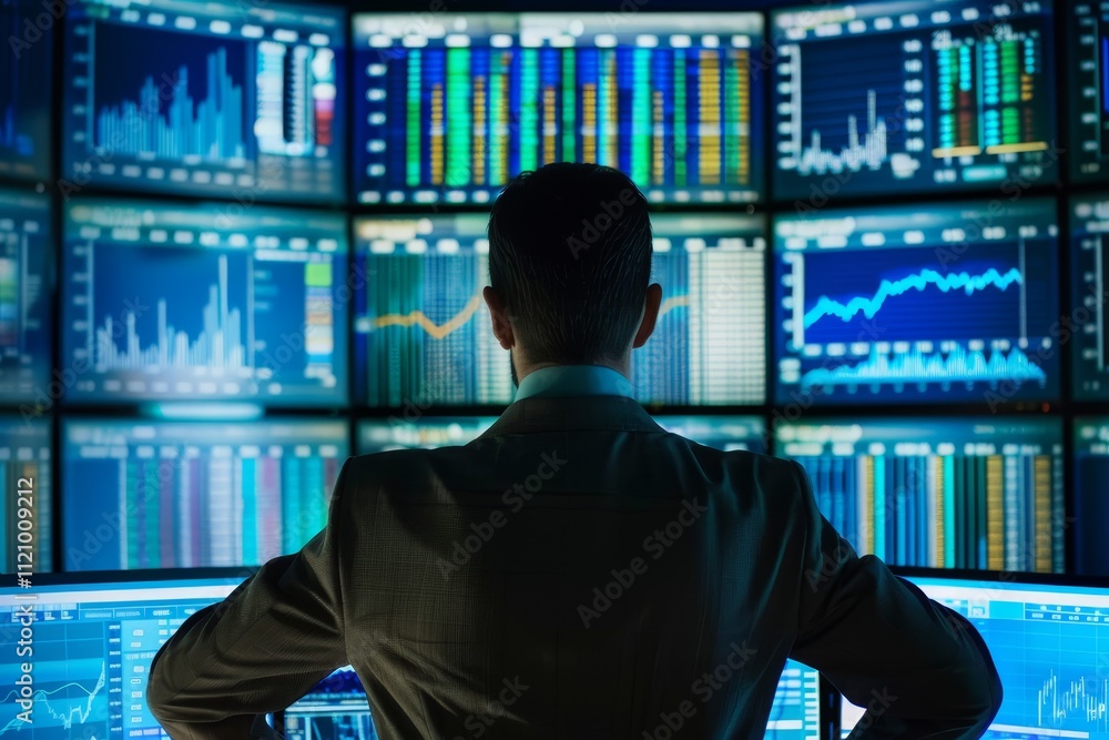 Poster a suited man analyzes stock market screens filled with graphs and numbers, reflecting his focus on f