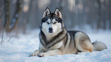 Naklejka premium Majestic Alaskan Malamute Dog Lying in Snow, Full Body Photo