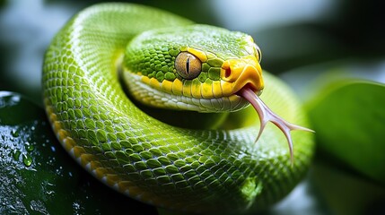 Fototapeta premium Close-up of a green snake with yellow markings, coiled on leaves, tongue flicking.