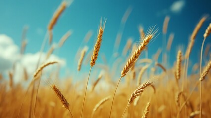 Fototapeta premium Golden Wheat Field, Cinematic Close-up of Ripe Grain Stalks Swaying Gently in a Summer Breeze under a Vibrant Blue Sky