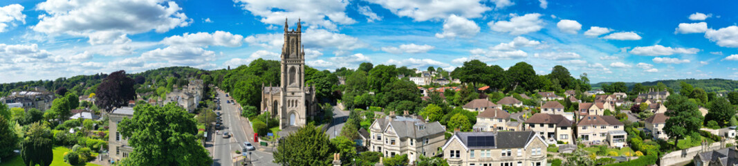 High Angle Panoramic View of Historical Bath City of England United Kingdom During Partially Cloudy Day of May 27th, 2024, Aerial Footage Was Captured with Drone's Camera During Bright Sunny Day 