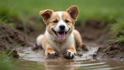 Adorable Happy Puppy Playing in Mud, Grass, and Water - Wide Shot Photorealistic Image