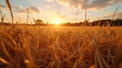 Fototapeta premium Golden Hay Field at Sunset, Photorealistic Rural Landscape, 