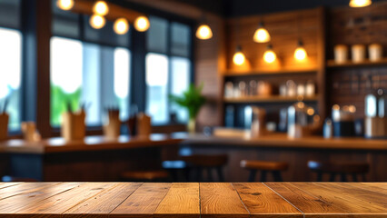 Empty wooden table with bokeh background of barista workplace, mockup for product display
