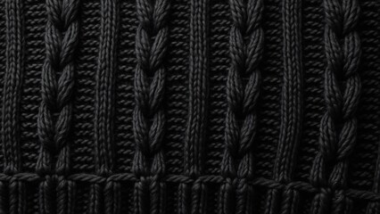 Fototapeta premium High-Resolution Black Knit Fabric Texture, Close-Up View of Cable Knit Wool Sweater Material with Wavy Lines and Intricate Weave Pattern