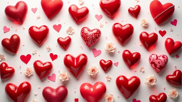30 Red Hearts Valentine's Day Flat Lay, Romantic Glossy & Glittery Hearts on White Background - Powered by Adobe
