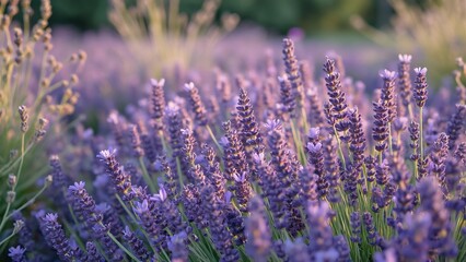 Enchanting Lavender Field, Tranquil Purple Flowers in Soft Sunlight