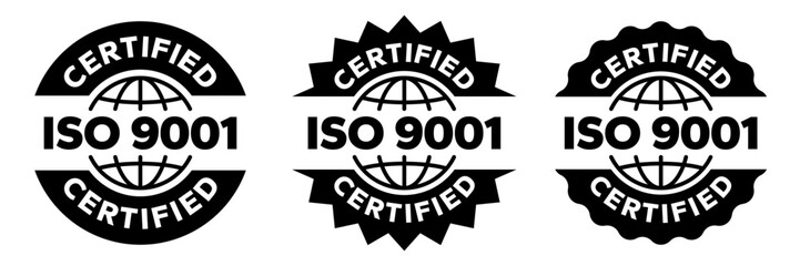 ISO 3166, 13485, 31000, 26000, 27001, 22000, 45001, 50001, 9001, 14001 certified badge set. International Organization for Standardization ISO logo, label, emblem, stamp, vector isolated illustration.
