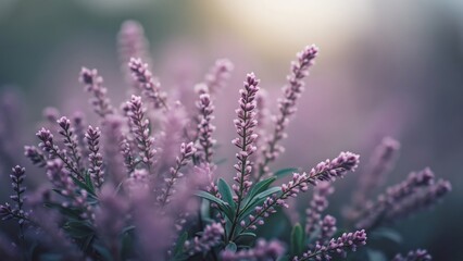 Fototapeta premium Close-up Purple Heather Flowers, Bokeh Background, Soft Grey and White Blur, Unsplash Style Photography