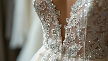 Obraz premium Elegant Wedding Dress Detail, Close-Up of Intricate Lace and Sequin Embellishments